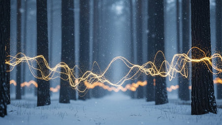 A surreal and magical scene unfolds in a snowy forest at night. Tall, dark tree trunks stand like sentinels, dusted with snow. A luminous, wavy line of golden light, resembling energy or magic, flows horizontally through the center of the frame, casting a warm glow. The background is a soft blur of blue and white, with scattered bokeh lights suggesting more distant illumination. Snowflakes are visible, adding to the wintry atmosphere. The overall mood is mysterious, and dreamlike.の素材