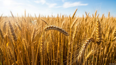 A detailed close-up shot of golden wheat stalks in a sun-drenched field. The ears of wheat are ripe and sway gently, their textures and colors highlighted by the warm sunlight. The shallow depth of field creates a soft bokeh effect in the background, emphasizing the intricate details of the grain. evokes a sense of natural beauty, abundance, and the peacefulness of the countryside during harvest season. The golden hues and natural light create a warm and inviting atmosphere.の素材