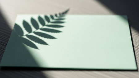 A soft focus captures the delicate shadow of a fern leaf cast diagonally across a pale green, textured surface. The shadow creates an organic, abstract pattern of light and dark. The muted colors and gentle lighting evoke a sense of tranquility and natural beauty, with ample space for text orの素材