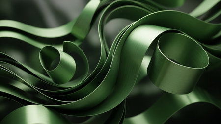 Abstract flowing metallic green ribbons create organic swirling shapes with subtle brushed texture and soft lighting.の素材