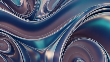 A fluid, dynamic surface of swirling metallic liquid iridescent hues of blue and purple with smooth, wavy reflections.の素材