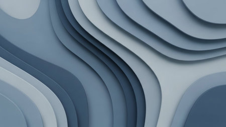 A background of layered, wavy shapes in muted blues and greys creates a soft, paper-cut aesthetic with subtle depth.の素材