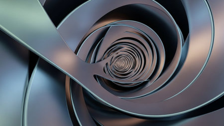 An abstract metallic spiral tunnel with reflective surfaces creates a sense of infinite depth and swirling motion.の素材