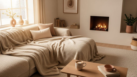 A warm and inviting living room scene bathed in soft natural light from a large window. A plush, sectional sofa is generously draped with a thick, textured cream-colored blanket, suggesting ultimate comfort. A modern fireplace with visible, flickering flames adds a focal point and warmth to the room. A low wooden coffee table in the foreground holds a mug with a hot beverage and a book, enhancing the cozy, lived-in feel. The color palette is dominated by neutral tones of beige and cream,...の素材