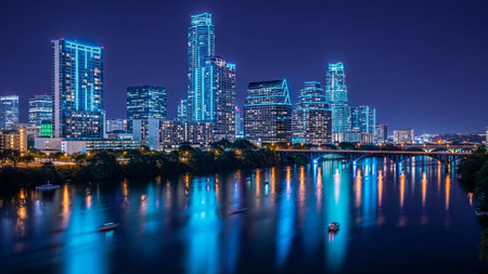 A panoramic view of a modern city skyline at night. Towering skyscrapers, illuminated with vibrant blue lights, pierce the dark sky. Their glow is perfectly mirrored on the surface of a calm river flowing through the city. A bridge spans the water, adding to the urban landscape. The scene is serene and tranquil, showcasing the beauty of a city after dark.の素材