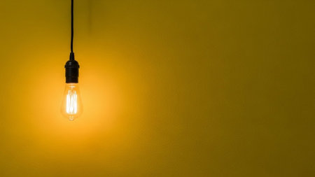 A single vintage Edison light bulb hangs from a black cord, its filament glowing with a warm, inviting light. The bulb is positioned against a textured yellow wall, creating a simple yet striking contrast. The soft illumination casts a gentle glow, highlighting the intricate details of the filament and the glass bulb. evokes a sense of nostalgia and warmth, concepts related to ideas, inspiration, or vintage aesthetics. The minimalist composition offers ample negative space.の素材