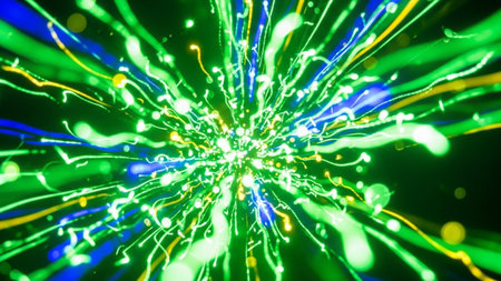 An abstract explosion of vibrant light trails erupts from a central point against a deep black background. Streaks of luminous green, electric blue, and bright yellow twist and swirl outwards, creating a dynamic and energetic display. The evokes a sense of immense power and motion, with glowing particles and blurred lines suggesting a cosmic event or a high-energy phenomenon. This visually striking composition is backgrounds, digital or any concept requiring a sense of excitement,...の素材