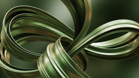 Smooth metallic green ribbons twist and flow against a dark, subtly lit background, creating an abstract, organic...の素材
