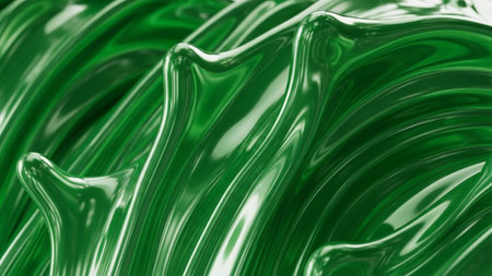 Abstract flowing green liquid metal with a glossy, reflective surface creating dynamic curves and highlighting light...の素材