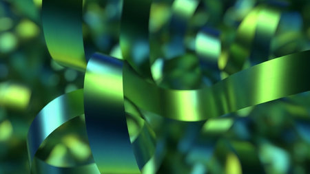 With showing close-up of shiny metallic green ribbons twisting and curling with soft bokeh background.の素材