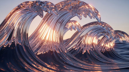crystal clear ocean waves are captured mid-crash, with golden sunlight refracting through the water.の素材