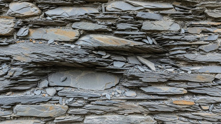 Detailed texture of a dry stone wall featuring layered grey and brown slate with visible gaps.の素材