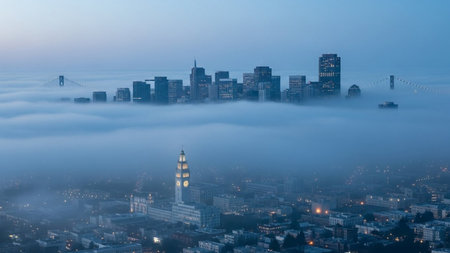 The San Francisco skyline is dramatically enveloped in a thick blanket of dense fog, creating a mysterious and ethereal atmosphere. Tall buildings and skyscrapers emerge from the mist, their forms softened by the atmospheric conditions. Distant bridges are visible as faint silhouettes through the haze. The scene is captured during twilight, with a soft, diffused light adding to the tranquil and serene mood of the city.の素材