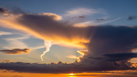 A dramatic sunset fills the sky with fiery orange clouds and golden sunbeams piercing through dark, heavy storm clouds.の素材
