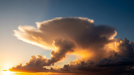 Cloud showing dramatic cumulonimbus cloud formation illuminated by golden sunset light against a blue sky.の素材
