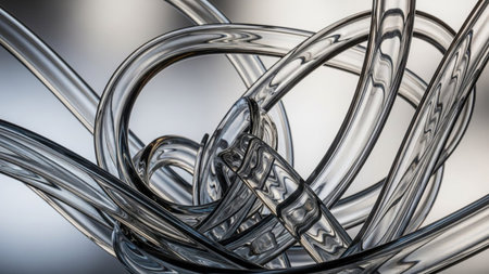 Clear glass tubes are intricately tangled and knotted, showing reflections and highlights against a gradient background.の素材