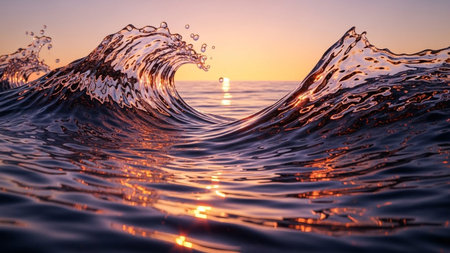 A powerful ocean wave crests during sunset, with golden sunlight reflecting brilliantly on the dark, rippling water...の素材
