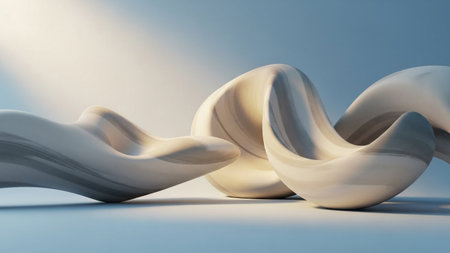 Softly lit abstract organic shapes with marbled grey and beige tones are arranged on a pale blue background.の素材