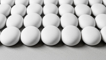 Numerous identical white oval are neatly arranged in parallel rows on a light gray textured surface.の素材