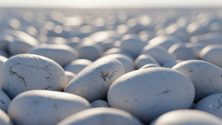 A close-up view of smooth, white pebbles and stones creates a textured surface with soft lighting and a shallow...の素材
