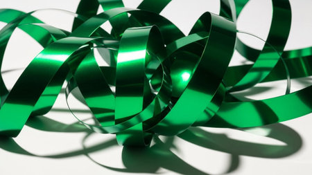 Shiny metallic green ribbon is coiled and tangled, casting dramatic shadows on a white surface.の素材