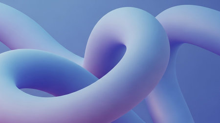 Intertwined, smooth, rounded tubes in soft pastel purple and blue create a surreal, flowing abstract shape with...の素材