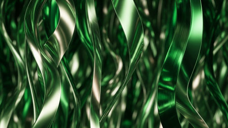 An abstract background of flowing, wavy metallic ribbons in deep green and silver hues creates a sense of movement.の素材