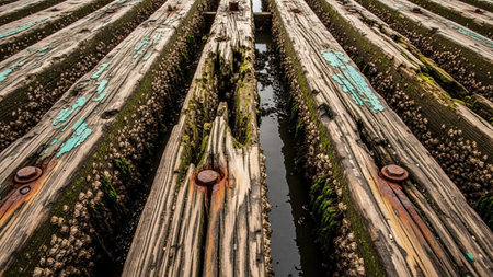 Teal showing weathered wooden pier pilings covered in barnacles and faded teal paint. resolutionの素材