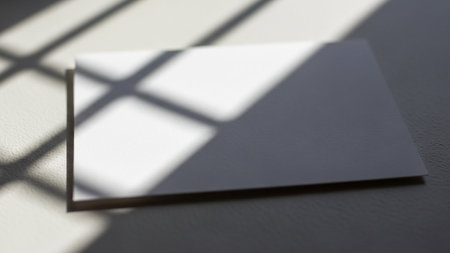 A stark white, blank card rests on a dark, textured surface. Sunlight streams through a window, casting a distinct geometric shadow pattern from the window grid across the card and the surface. The interplay of light and shadow creates a minimalist and composition, offering ample negative space for text or The focus is on the subtle textures and the of the shadows.の素材