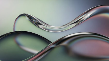 Abstract fluid forms with iridescent metallic reflections and a soft gradient background of muted blues and greens.の素材