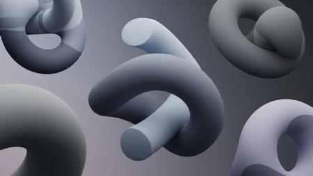 A collection of smooth matte 3D torus knot shapes in gray and purple hues with soft lighting on a gradient background.の素材