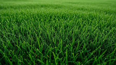 Setting showing close-up macro view of vibrant green grass blades with dew drops glistening in the sunlight on a...の素材