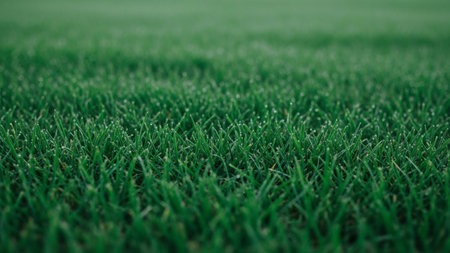 Soft showing close-up macro view of lush green grass blades with tiny water droplets glistening in soft light...の素材