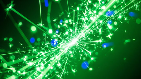 An abstract explosion of bright green sparks radiates outwards against a dark background, creating a dynamic and energetic visual spectacle. Interspersed within the intense green light trails are soft, blurred blue bokeh lights, adding depth and a touch of ethereal magic. The conveys a sense of intense energy, celebration, or a powerful burst of light. This abstract composition is highly visual and can be interpreted in various ways, from festive celebrations to scientific phenomena or...の素材