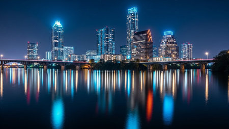 A nighttime view of the Austin, Texas skyline showcases a collection of modern skyscrapers illuminated with vibrant blue and orange lights. The city lights are beautifully reflected in the dark, calm water of the lake or river in the foreground, creating a symmetrical and visual. A bridge spans across the water, adding depth to the urban landscape. The dark night sky above is dotted with a few faint stars, enhancing the magical atmosphere of the illuminated city.の素材