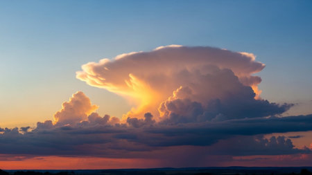 Formation showing cumulonimbus cloud formation illuminated by golden sunset light against a vibrant blue sky...の素材