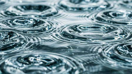 Concentric circular ripples spread across a clear blue water surface, creating an abstract, dynamic pattern with...の素材