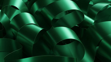 Shiny, emerald green metallic ribbons are tightly curled and twisted, forming a rich, textured abstract pattern with...の素材