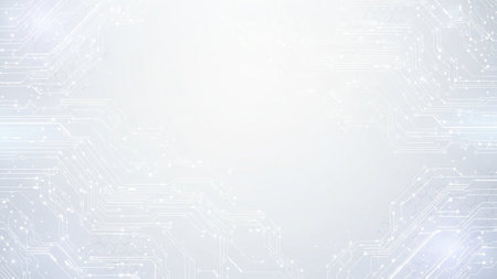 An intricate network of fine white circuit board pathways and subtle hexagonal patterns is displayed against a...の素材