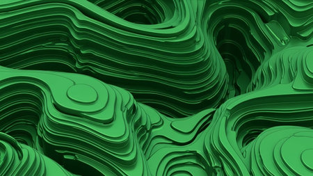 An abstract green landscape organic, layered wavy contours with a smooth, matte surface texture.の素材