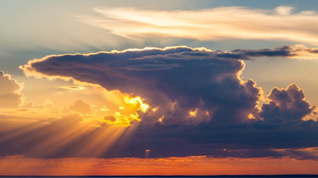 A dramatic sunset bright sun rays breaking through dark, heavy clouds, casting a warm glow over the horizon.の素材