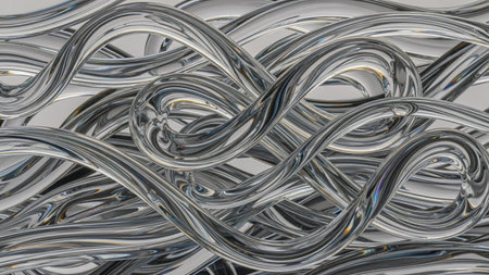 A close-up view of numerous transparent glass tubes intricately intertwined, forming complex organic shapes with...の素材