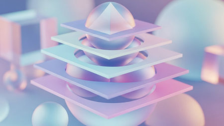 Gradient showing layered geometric shapes with spheres and pastel gradient colors. resolutionの素材