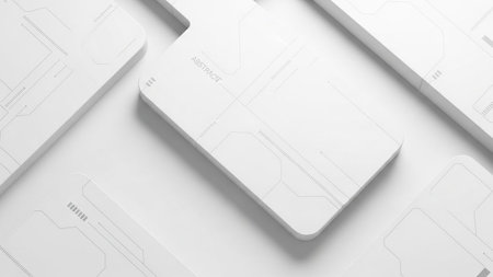 Clean white geometric shapes with subtle grey circuit board line patterns arranged on a bright white background,...の素材