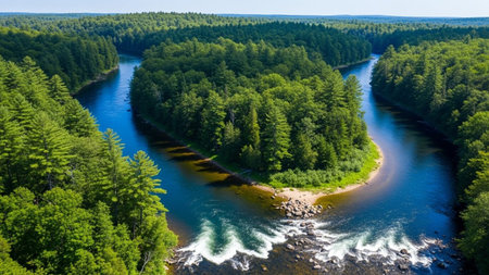 An aerial perspective reveals a vibrant blue river gracefully winding its way through a dense, lush green forest. The water's surface gentle ripples and currents as it navigates around a large, tree-covered island. Sunlight filters through the thick canopy, highlighting the rich textures of the foliage. showcases the serene beauty and untouched wilderness of a thriving natural landscape, offering a sense of peace and tranquility from above.の素材