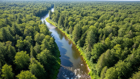 An elevated perspective reveals a clear, winding river carving its path through an expansive, dense forest. The lush green canopy of trees stretches as far as the eye can creating a vibrant tapestry of life. Sunlight filters through the leaves, casting dappled shadows on the water and forest floor. The scene is one of natural beauty and tranquility, highlighting the untouched wilderness and the refreshing presence of the flowing water.の素材