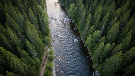 An aerial perspective reveals a dark, winding river carving its path through a dense, vibrant green forest. Tall evergreen trees, likely pines or firs, form a thick canopy on either side of the river, their branches reaching towards the sky. The water appears clear and reflects the surrounding greenery, with visible ripples and occasional rocks breaking the surface. A narrow dirt path is visible along one bank. The scene evokes a sense of untouched wilderness and tranquil natural beauty,...の素材