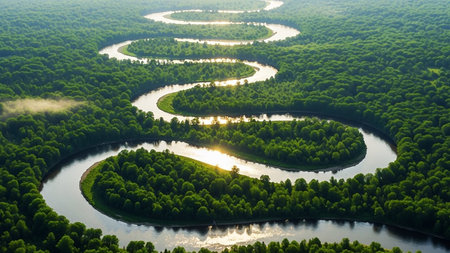 An aerial perspective reveals a view of a wide, winding river carving its path through an expansive, dense forest. The river's serpentine curves reflect the bright green canopy of the surrounding trees, creating a contrast of blues and greens. Sunlight filters through the leaves, dappling the water's surface and highlighting the vibrant foliage. The sheer scale of the forest and the intricate path of the river showcase the raw beauty and untouched nature of this wilderness. The scene is one...の素材