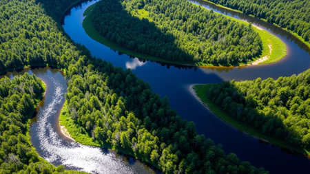 An aerial perspective reveals a deep blue, winding river snaking its way through a dense, vibrant green forest. Sunlight creates dappled patterns of light and shadow on the water and the lush tree canopy, showcasing the intricate beauty and serene tranquility of the natural landscape.の素材
