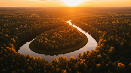 An aerial perspective reveals a dense forest illuminated by the warm, golden light of a setting sun. A river gracefully winds its way through the trees, forming a prominent curve that creates a visually pattern. The sunlight filters through the tree canopy, casting long shadows and highlighting the rich colors of the foliage. The scene evokes a sense of peace, natural beauty, and the vastness of untouched wilderness.の素材